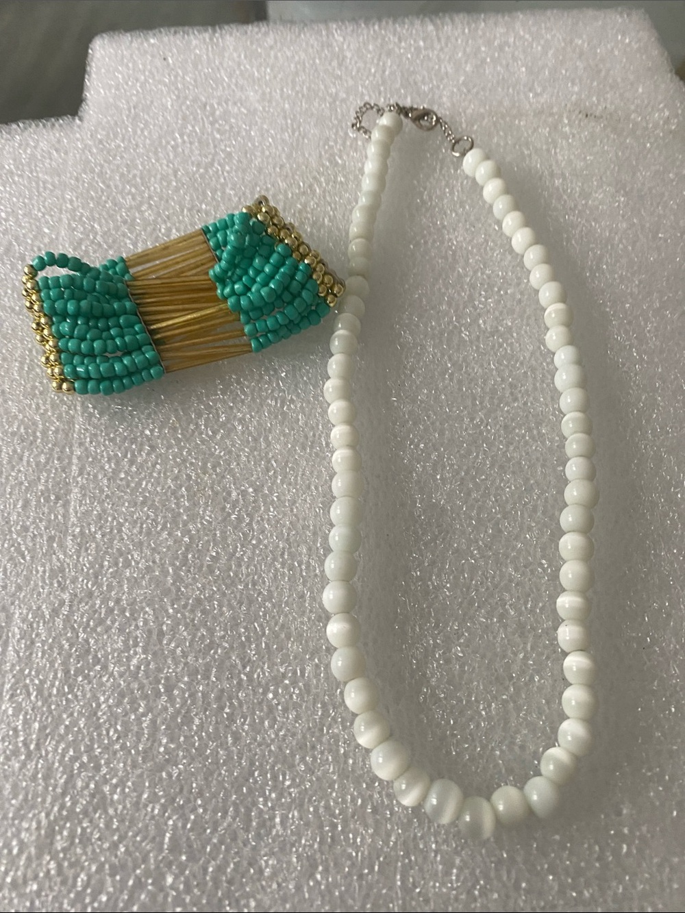 White Beaded Necklace with Turquoise & Gold Accent Bracelet